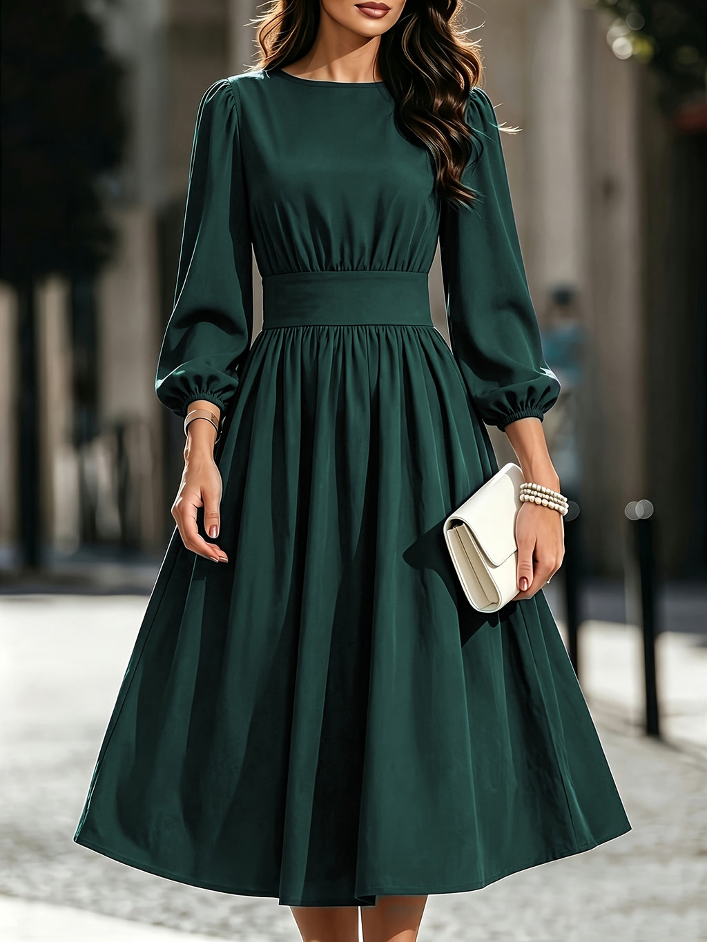 Women's Solid Color Bubble Lantern Sleeve Midi Dress with Round Neck