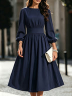 Women's Solid Color Bubble Lantern Sleeve Midi Dress with Round Neck