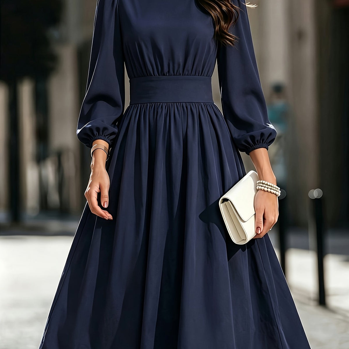 Women's Solid Color Bubble Lantern Sleeve Midi Dress with Round Neck