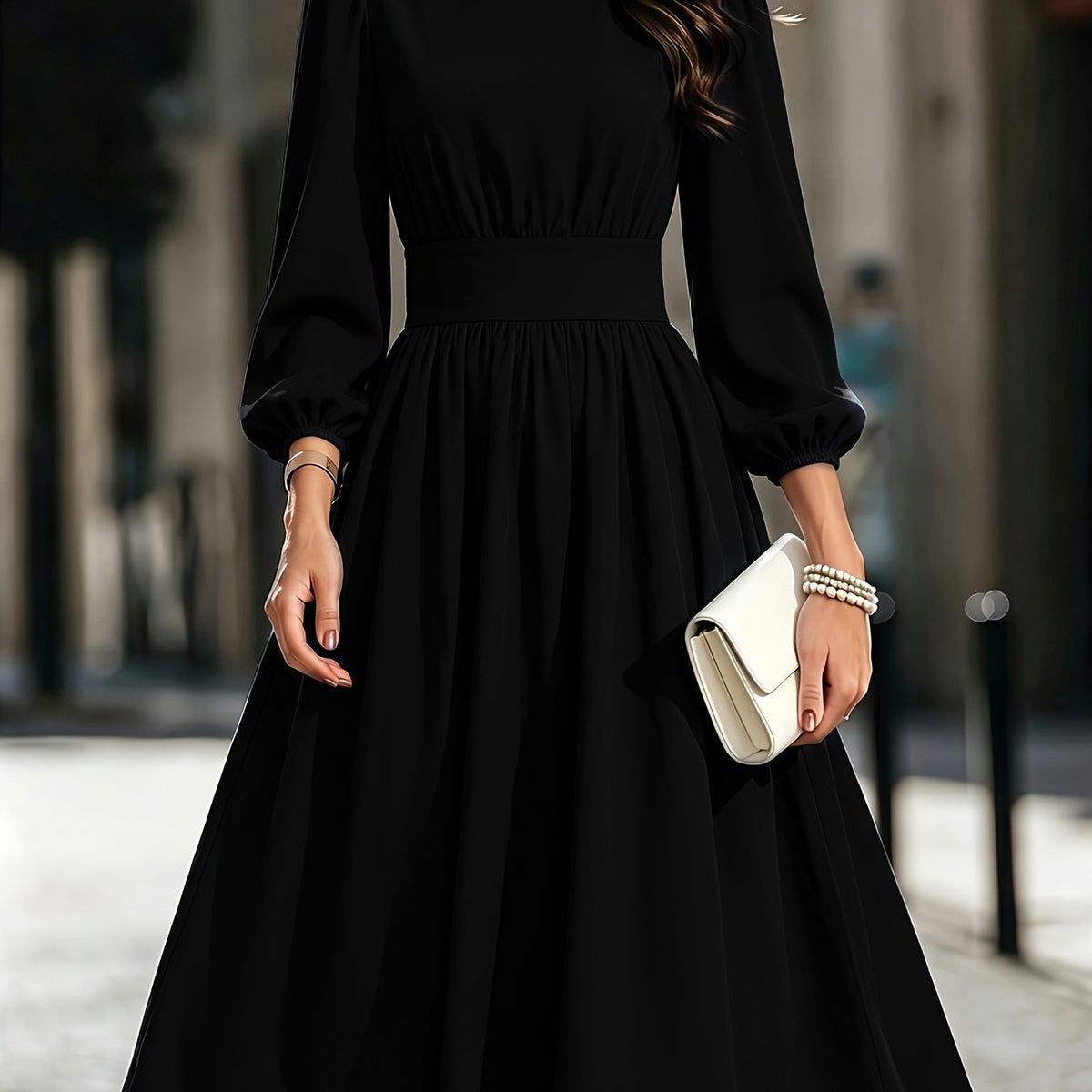 Women's Solid Color Bubble Lantern Sleeve Midi Dress with Round Neck