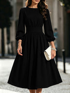 Women's Solid Color Bubble Lantern Sleeve Midi Dress with Round Neck