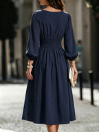 Women's Solid Color Bubble Lantern Sleeve Midi Dress with Round Neck