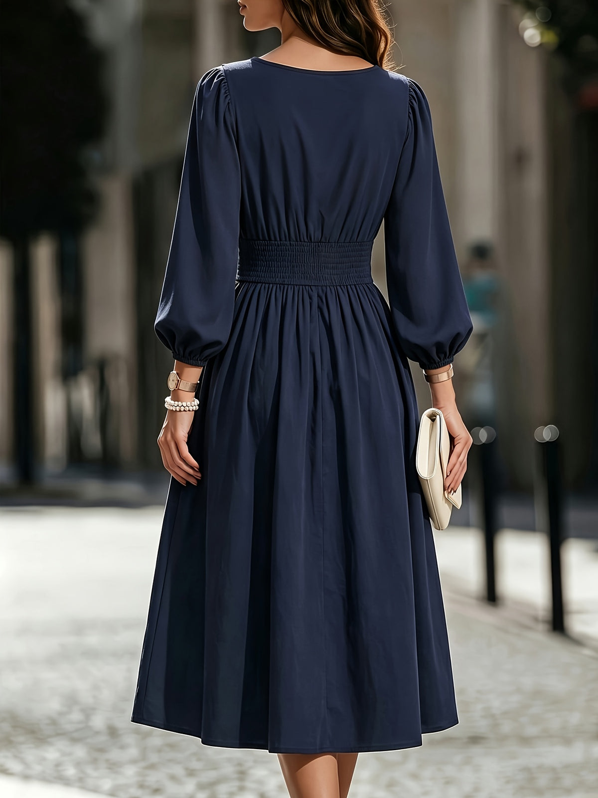 Women's Solid Color Bubble Lantern Sleeve Midi Dress with Round Neck