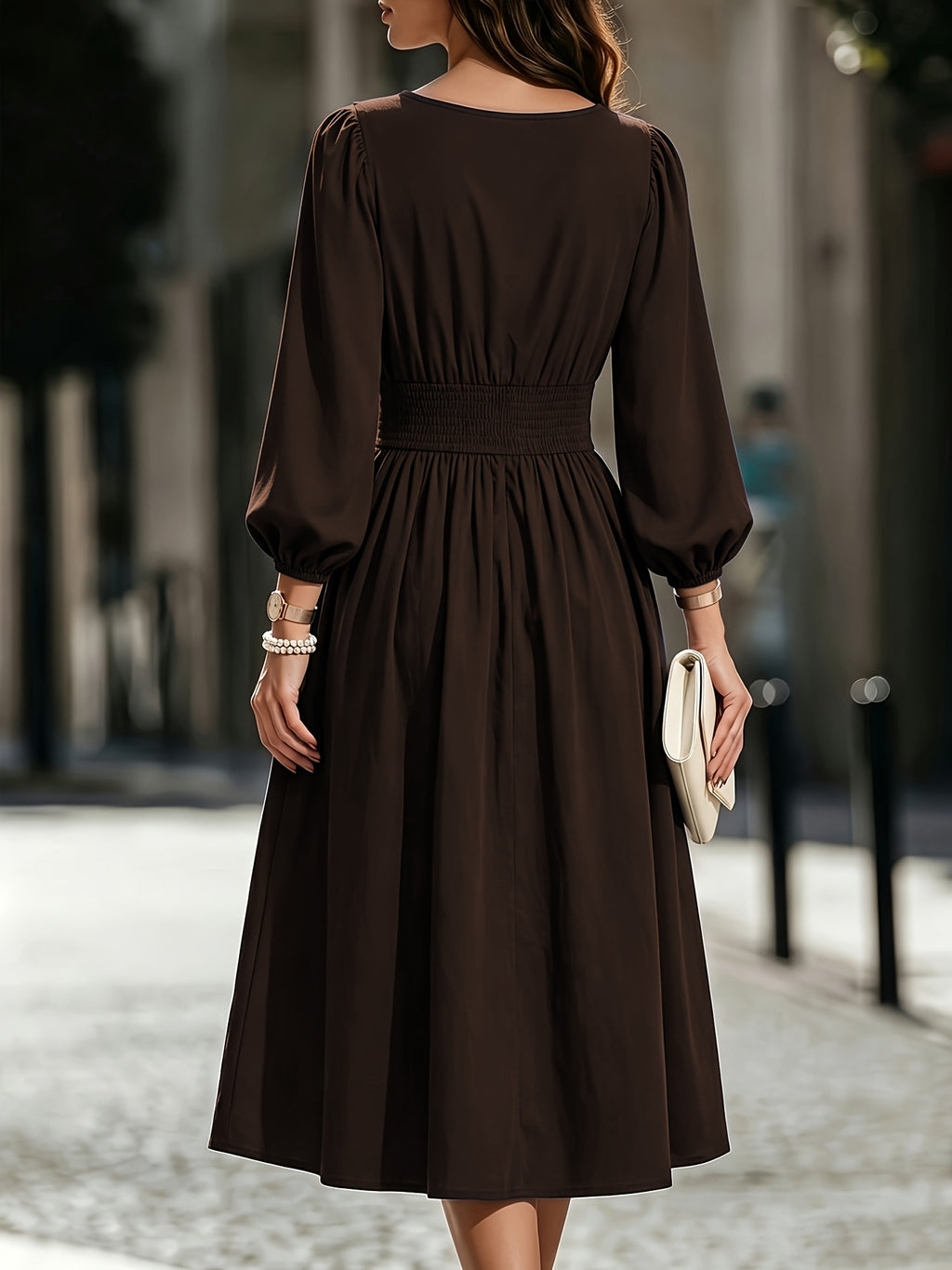 Women's Solid Color Bubble Lantern Sleeve Midi Dress with Round Neck