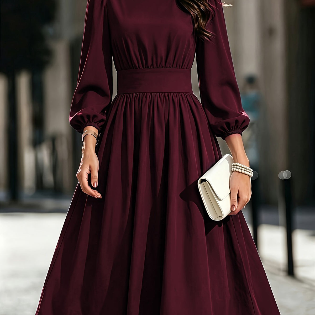 Women's Solid Color Bubble Lantern Sleeve Midi Dress with Round Neck