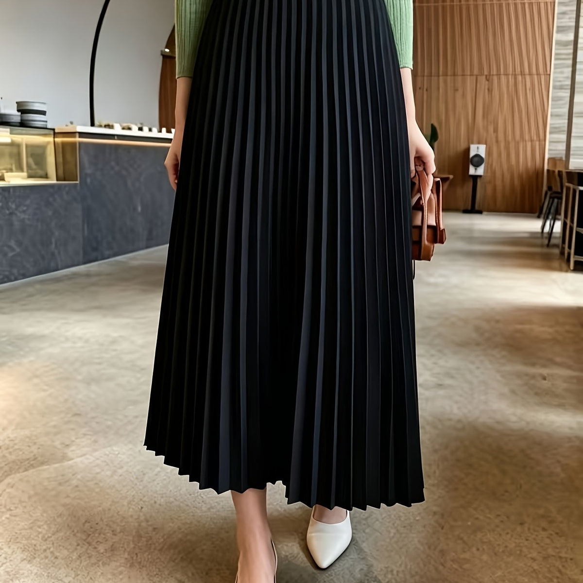 Women's High-Waist Pleated Midi Skirt