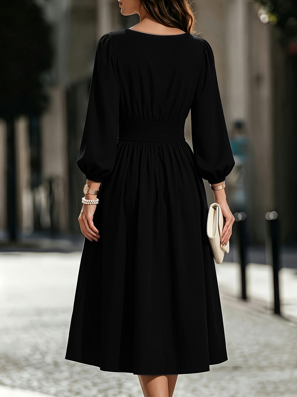 Women's Solid Color Bubble Lantern Sleeve Midi Dress with Round Neck