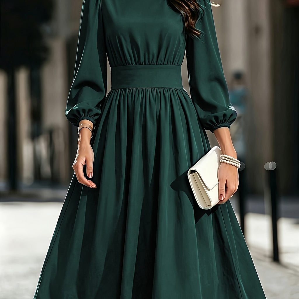 Women's Solid Color Bubble Lantern Sleeve Midi Dress with Round Neck