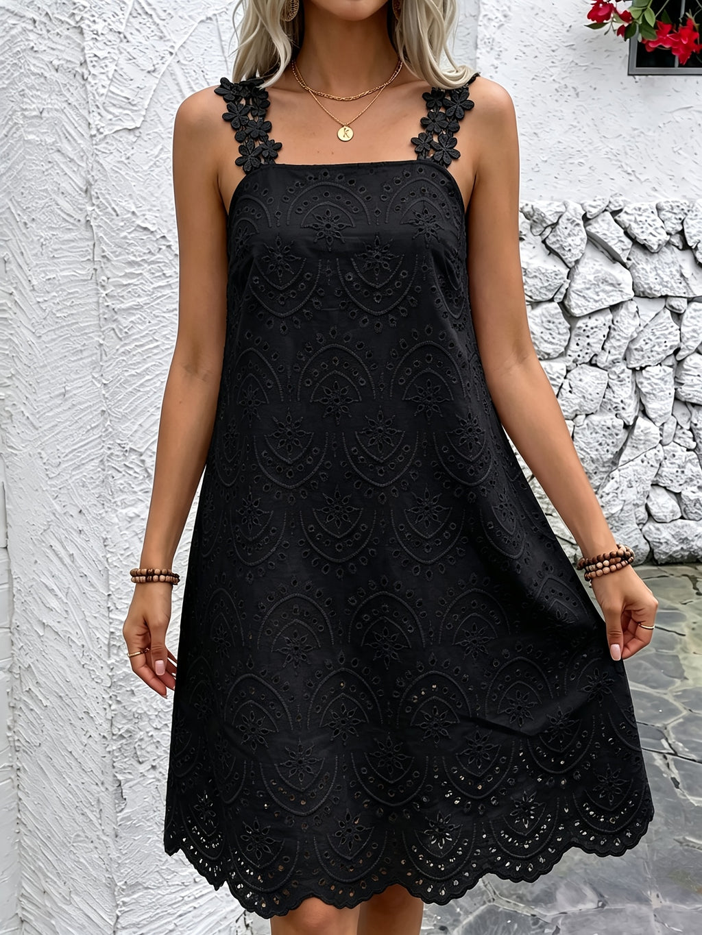 Women's Embroidered Square Neck Midi Dress