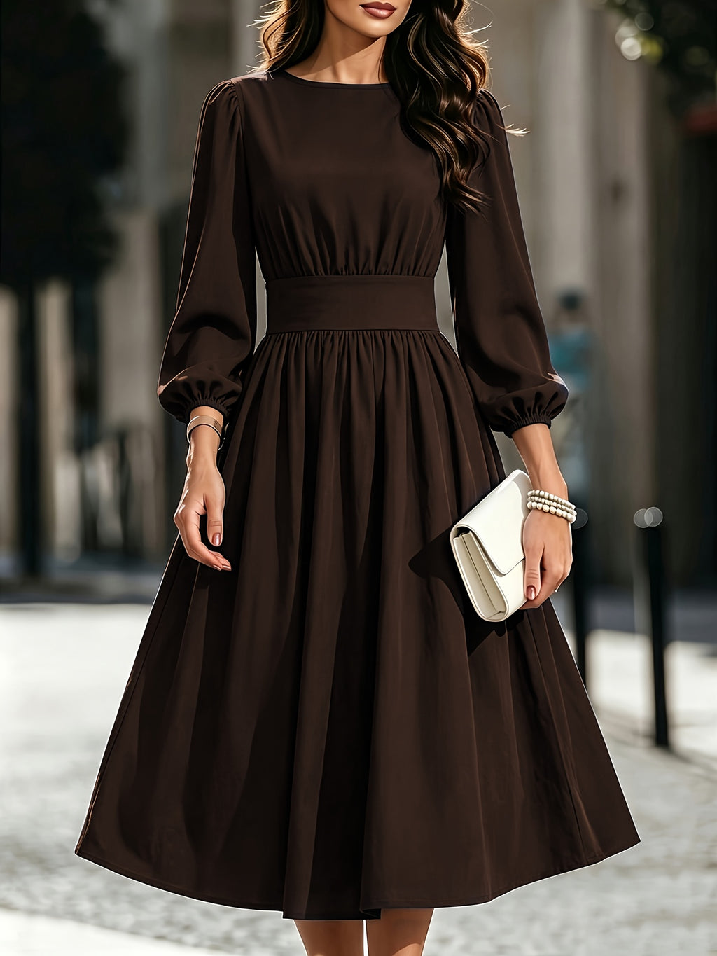 Women's Solid Color Bubble Lantern Sleeve Midi Dress with Round Neck