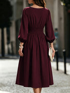 Women's Solid Color Bubble Lantern Sleeve Midi Dress with Round Neck