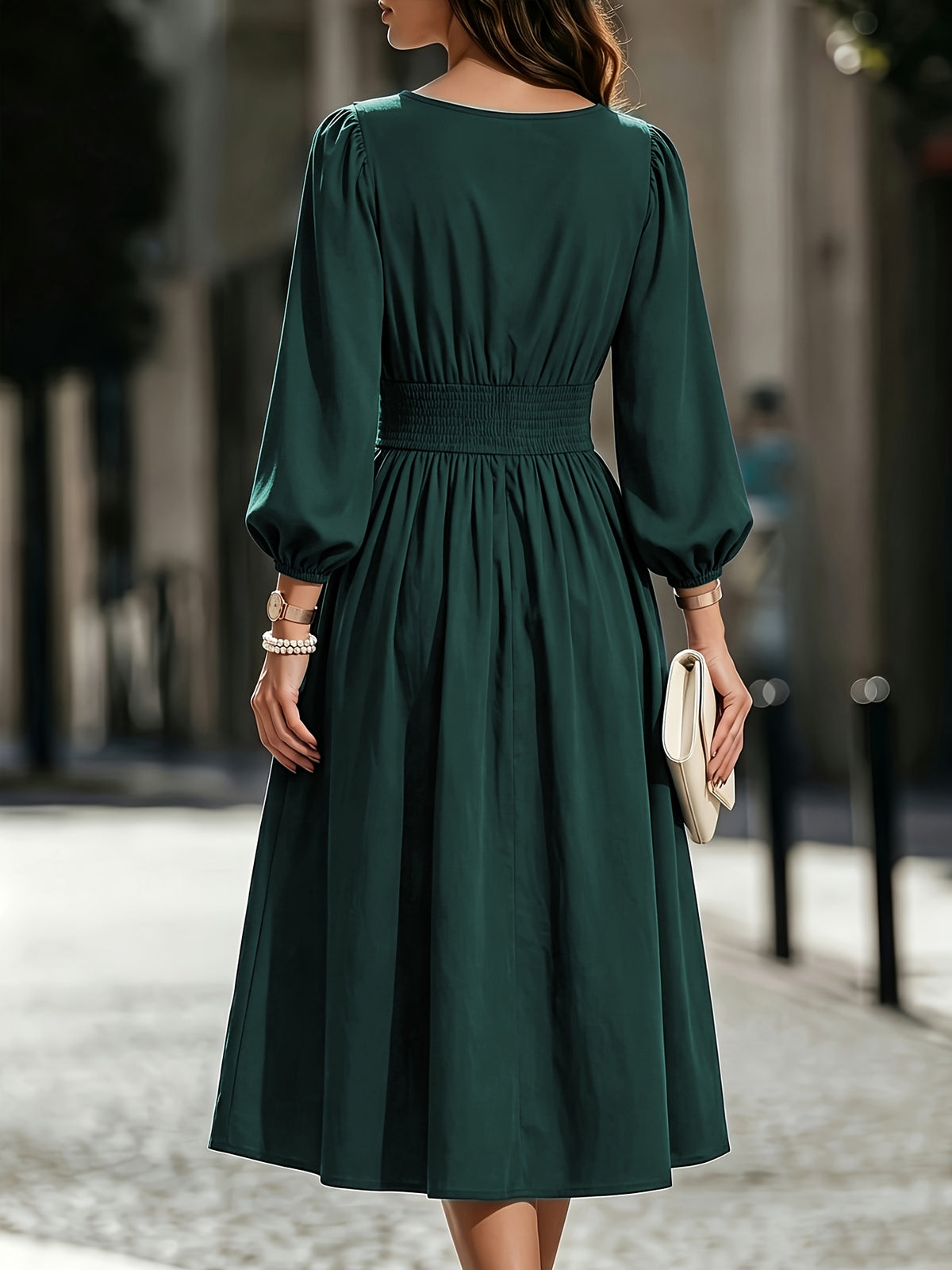 Women's Solid Color Bubble Lantern Sleeve Midi Dress with Round Neck