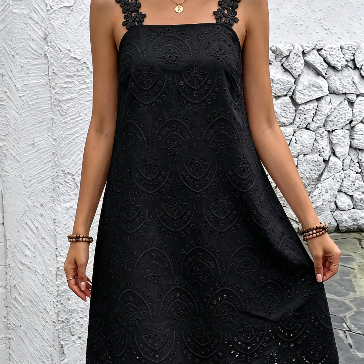Women's Embroidered Square Neck Midi Dress