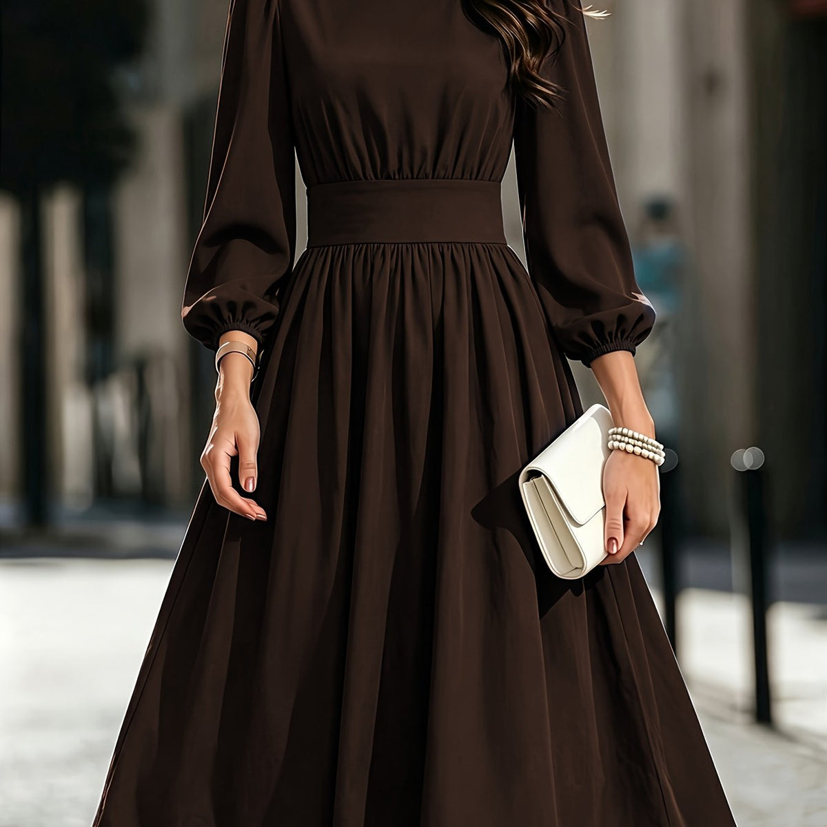 Women's Solid Color Bubble Lantern Sleeve Midi Dress with Round Neck