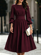 Women's Solid Color Bubble Lantern Sleeve Midi Dress with Round Neck